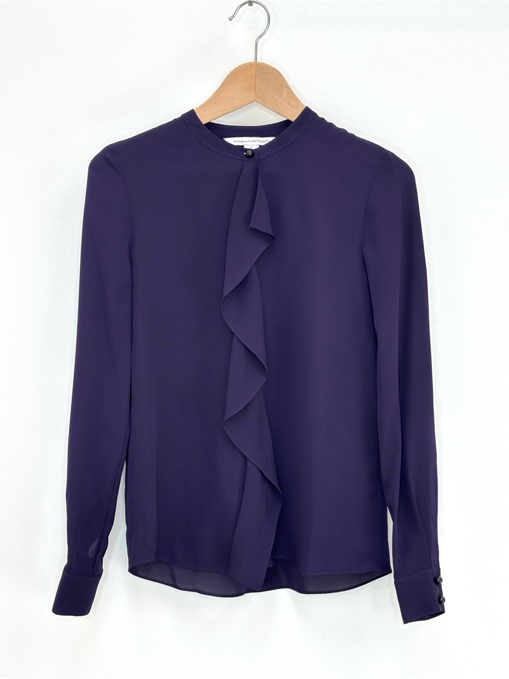 Diane von Furstenberg Adelaide 100% Silk Ruffle Blouse Dark Purple Plum Size 2